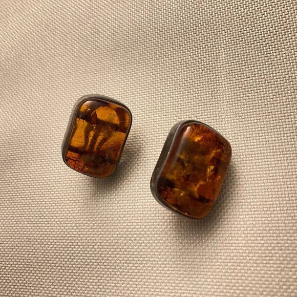 Vintage Sterling Silver and Amber Cabochon Earrings - Picture 2 of 4